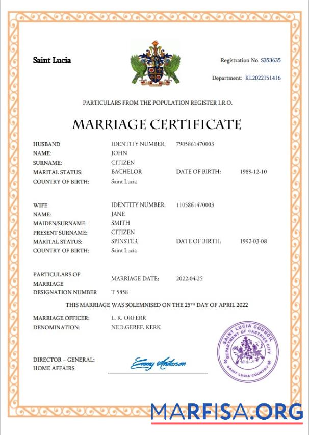 Printable Saint Lucia marriage certificate Word and PDF template